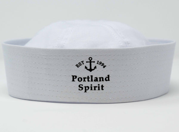 White Sailor Cap with words "Est 1994" and "Portland Spirit" on the front with an anchor